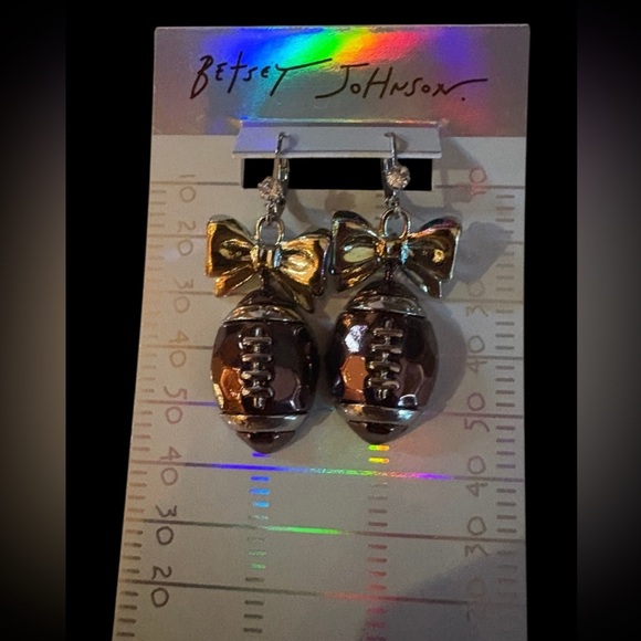 BETSEY JOHNSON Metallic Brown Football & Silver Bow Dangle Drop Earrings NEW NWT - Picture 15 of 16